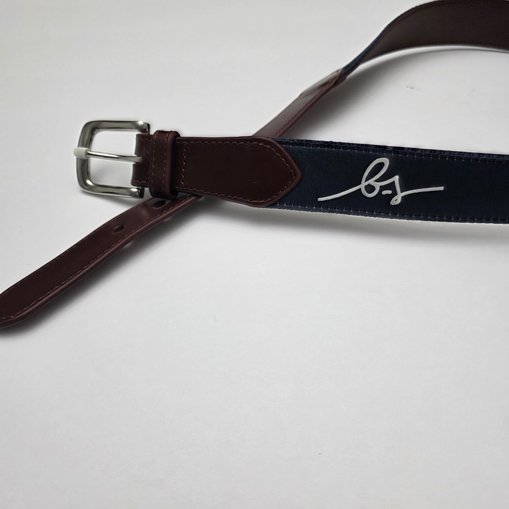 Boston Scott Men's Navy Blue Belt with Brown‎ Leather Trim and Silver Buckle